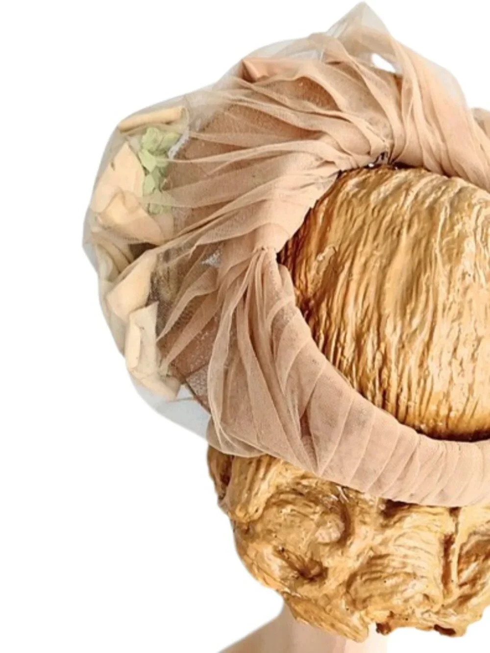 Vintage 1950s Halo Open Crown Hat With Roses And Bows Covered With Tan Netting - Picture 4 of 7